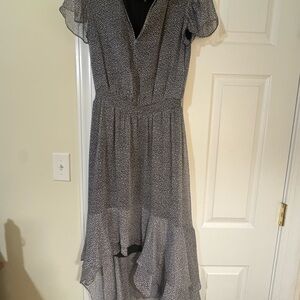 1.STATE Floral Dot Ruffle Asymmetrical Midi Dress | Size S)